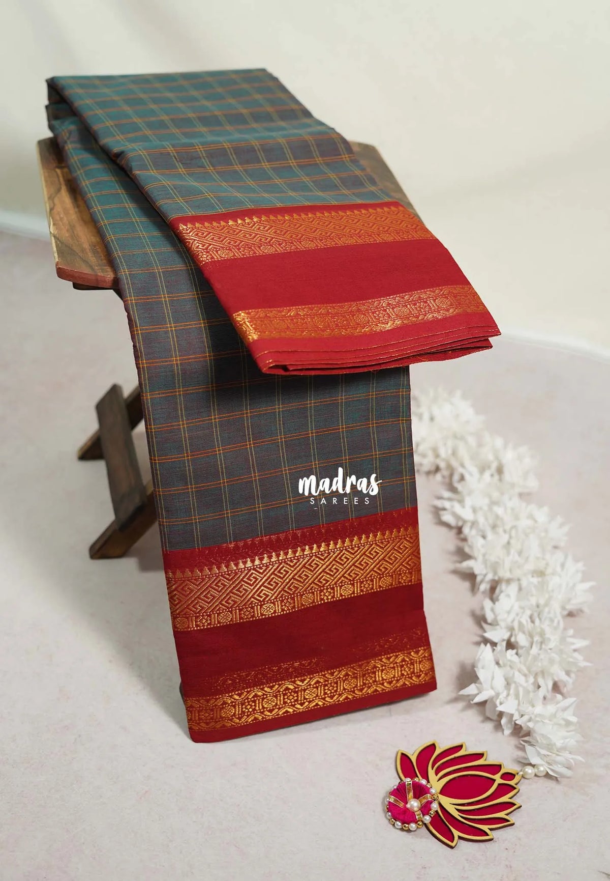 Bluish Grey - Karthigai silk cotton Big Muthu Kattam Checks with Rettapeta Border - Best for Festive Wear | Temple Visit