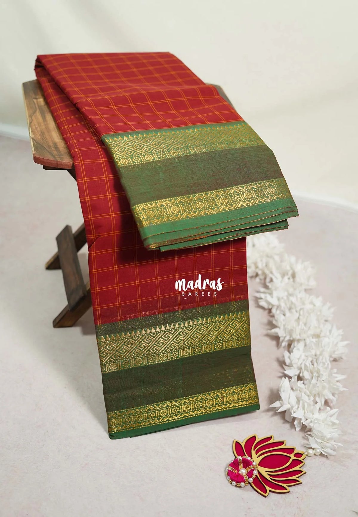 Brick Red - Karthigai silk cotton Big Muthu Kattam Checks with Rettapeta Border - Best for Festive Wear | Temple Visit
