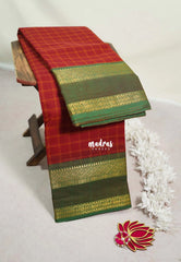Brick Red - Karthigai silk cotton Big Muthu Kattam Checks with Rettapeta Border - Best for Festive Wear | Temple Visit