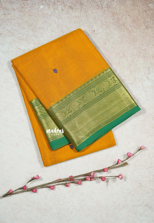 Orangish Yellow - Karthigai silk cotton Bavanji Border with Buttas in saree
