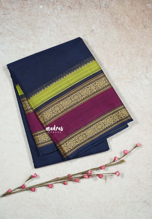 Navy Blue - Karthigai silk cotton full thread weaving rettapet border