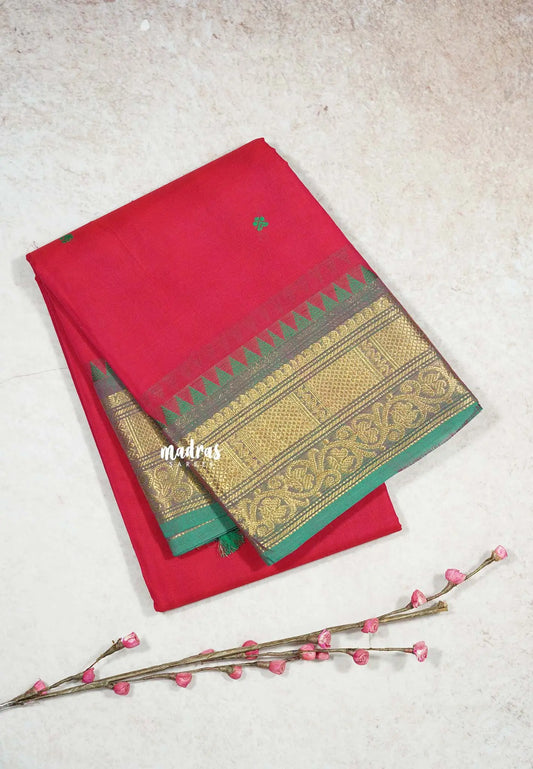 Reddish Pink - Karthigai silk cotton Bavanji box temple border with buttas