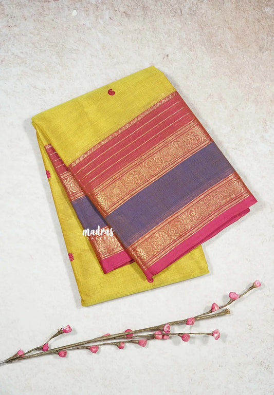 Greenish Yellow - Karthigai silk cotton Mango & Temple Multi Border with Buttas