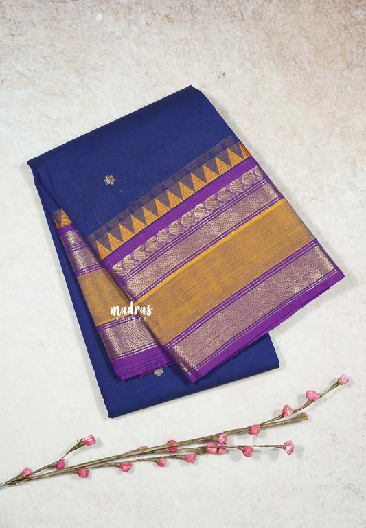 Navy Blue - Karthigai silk cotton Mango & Temple Multi Border with Buttas