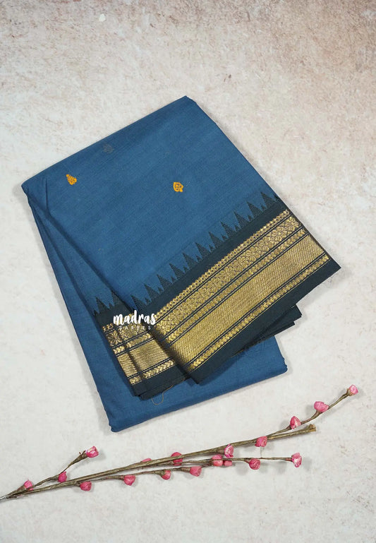 Greyish Blue - Karthigai silk cotton Flower Border with Buttas