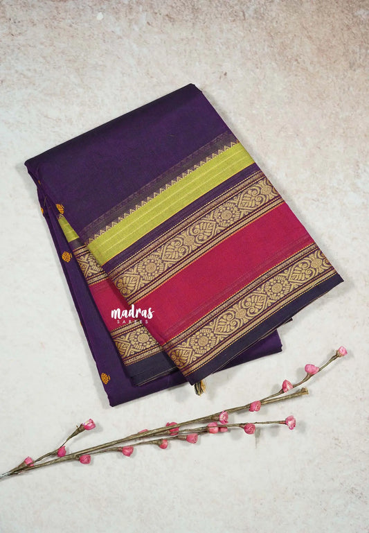 Jamun Purple - Karthigai silk cotton full thread weaving rettapet border