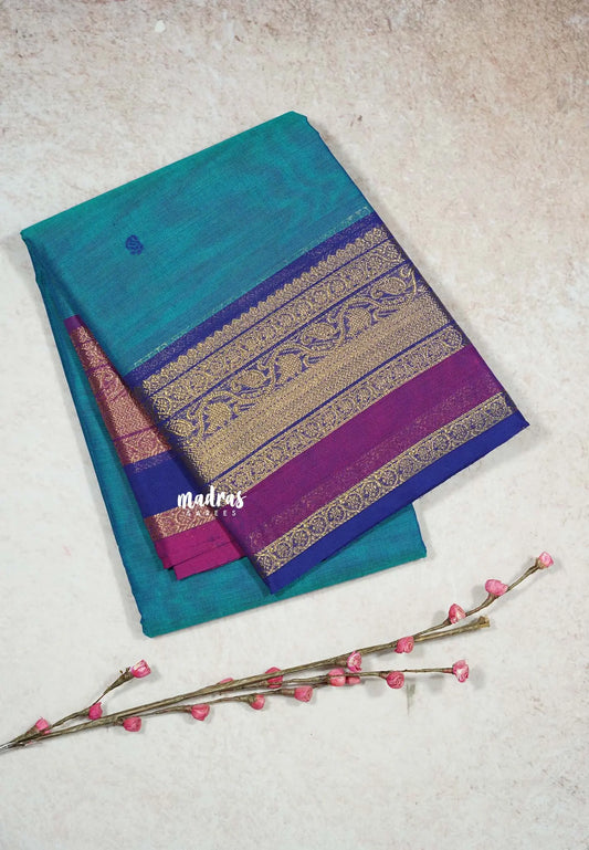 Dual shade Peacock Blue - Karthigai silk cotton with buttas Ganga Jamuna multiborder