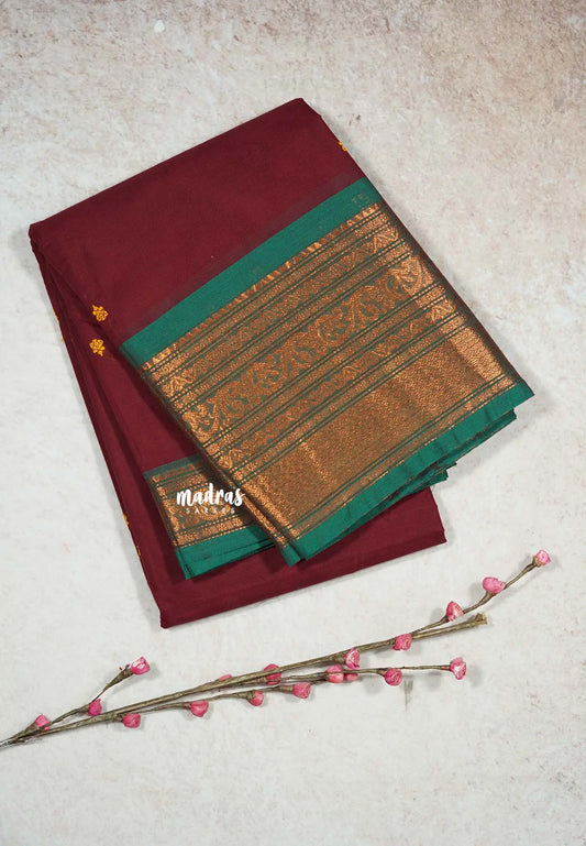 Maroon - Karthigai silk cotton big Bavanji copper border with buttas