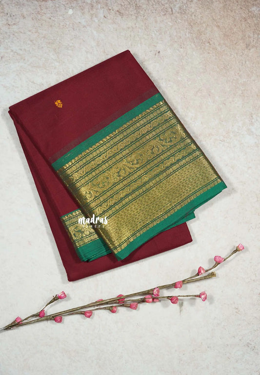 Maroon - Karthigai silk cotto big Bavanji gold border with buttas