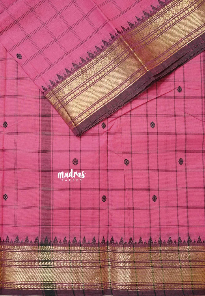 Rose Pink - Karthigai silk cotton small border with big muthu kattam