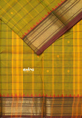 Yellowish Green - Karthigai silk cotton small bavanji border with big muthu kattam