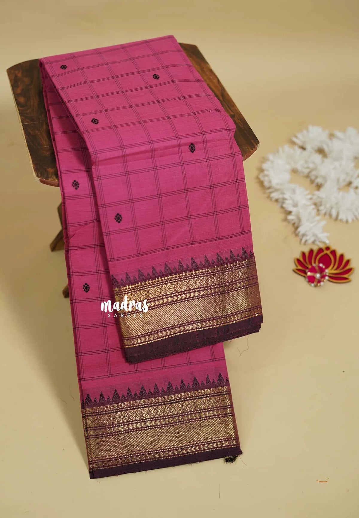 Rose Pink - Karthigai silk cotton small border with big muthu kattam