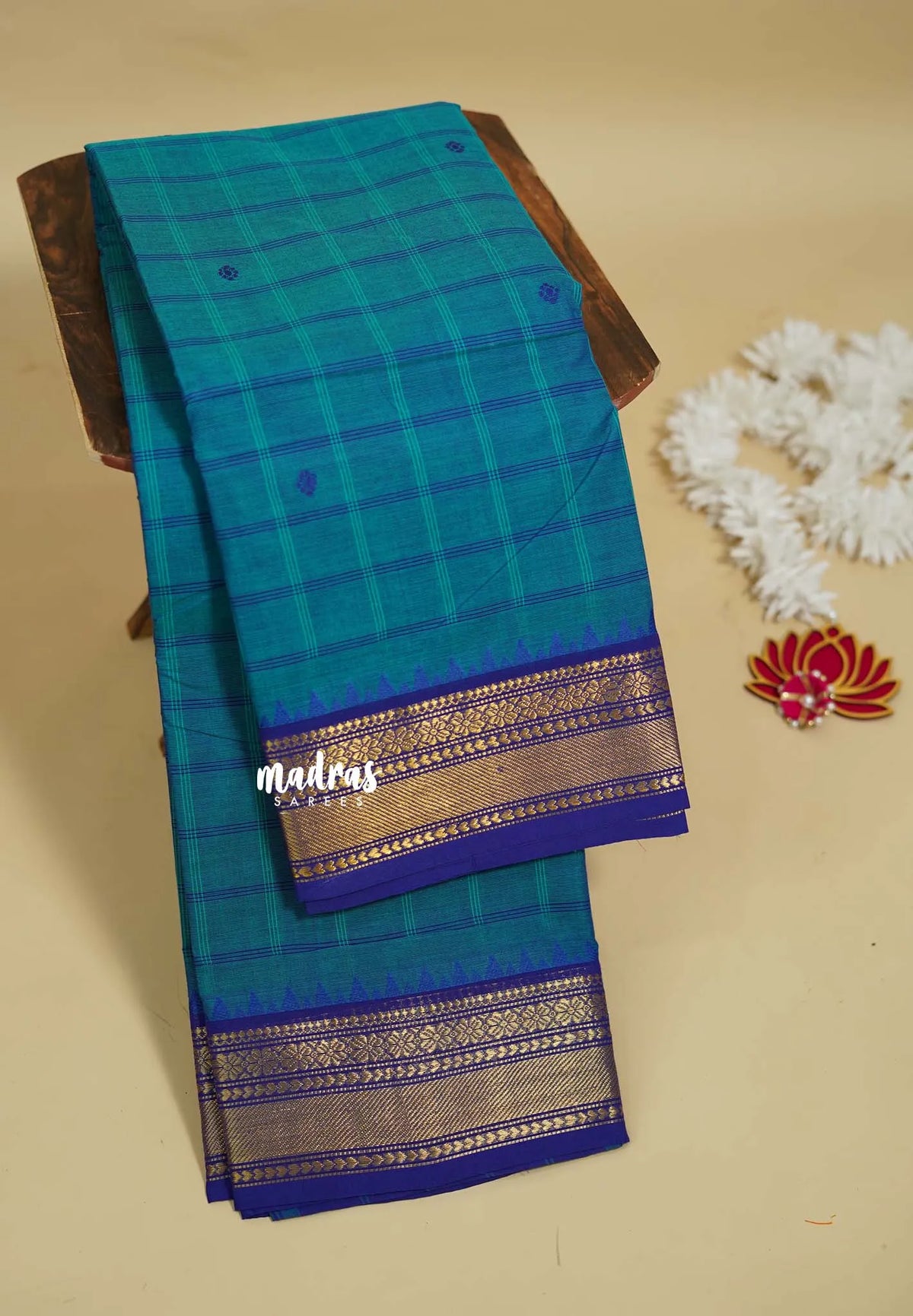 Ananda Blue - Karthigai silk cotton small border with big muthu kattam