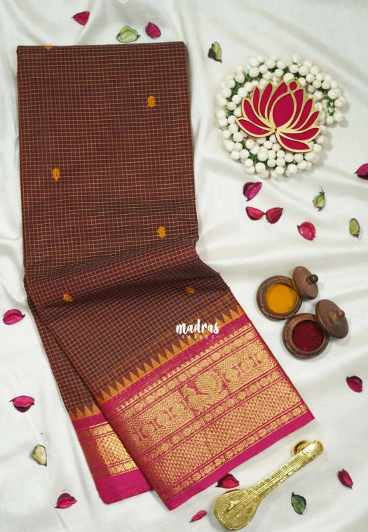 Brown - Karthigai Silk Cotton Muthu Kattam Mayil, Rudraksham Border with Buttas - Best for Wedding Functions | Temple Visit