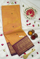 Light Orange - Karthigai Silk Cotton Checks with Buttas Yanai, Mayil Border - Best for Festive Wear | Temple Visit