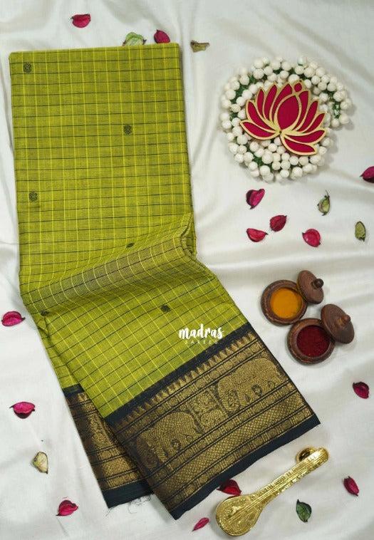 Light Green - Karthigai Silk Cotton Checks with Buttas Yanai, Mayil Border - Best for Festive Wear | Temple Visit