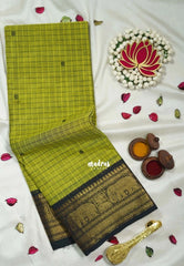 Light Green - Karthigai Silk Cotton Checks with Buttas Yanai, Mayil Border - Best for Festive Wear | Temple Visit