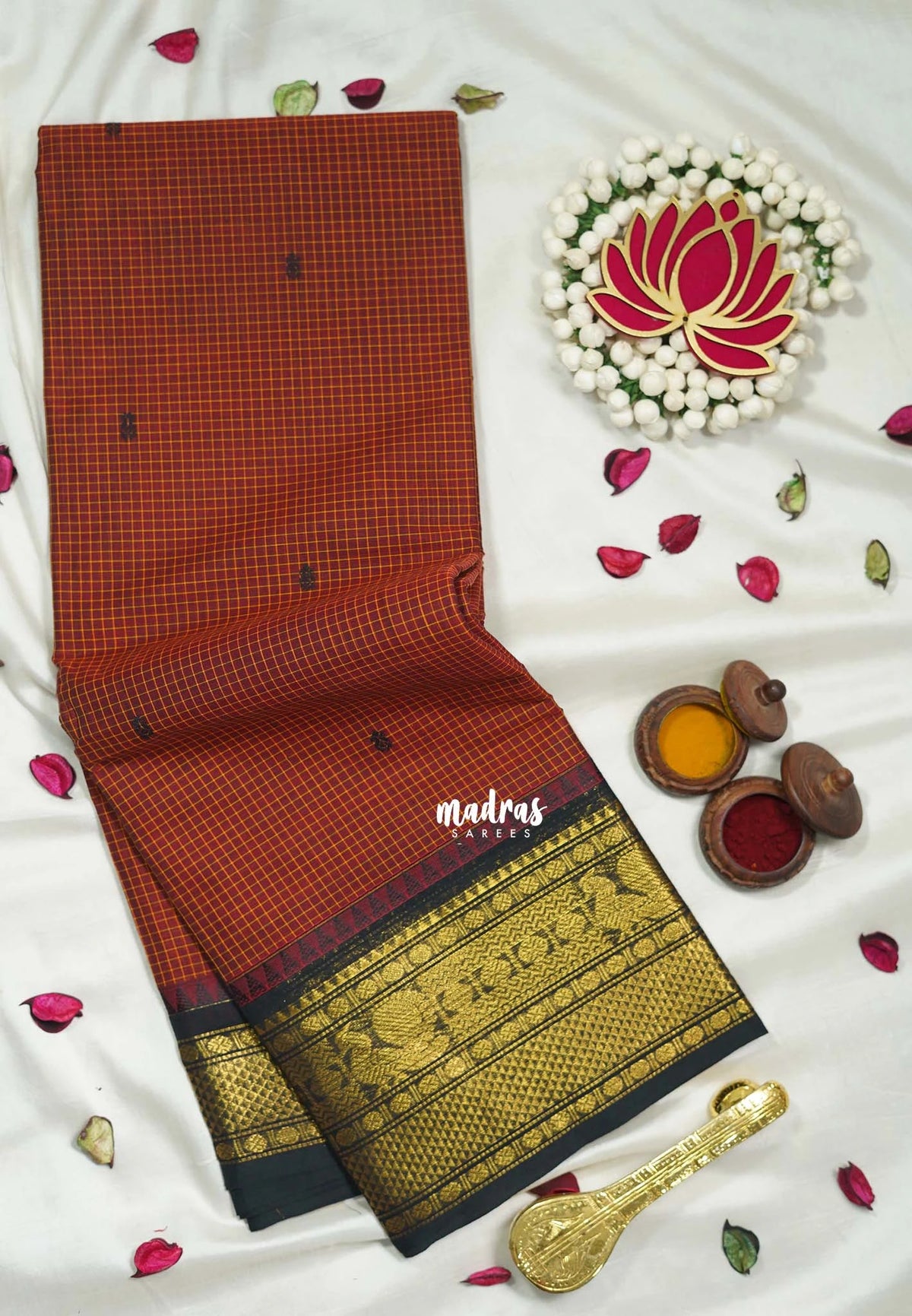 Brick Maroon - Karthigai Silk Cotton Muthu Kattam Mayil, Rudraksham Border with Buttas - Best for Wedding Functions | Temple Visit