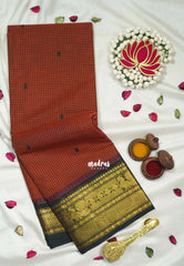 Brick Maroon - Karthigai Silk Cotton Muthu Kattam Mayil, Rudraksham Border with Buttas - Best for Wedding Functions | Temple Visit