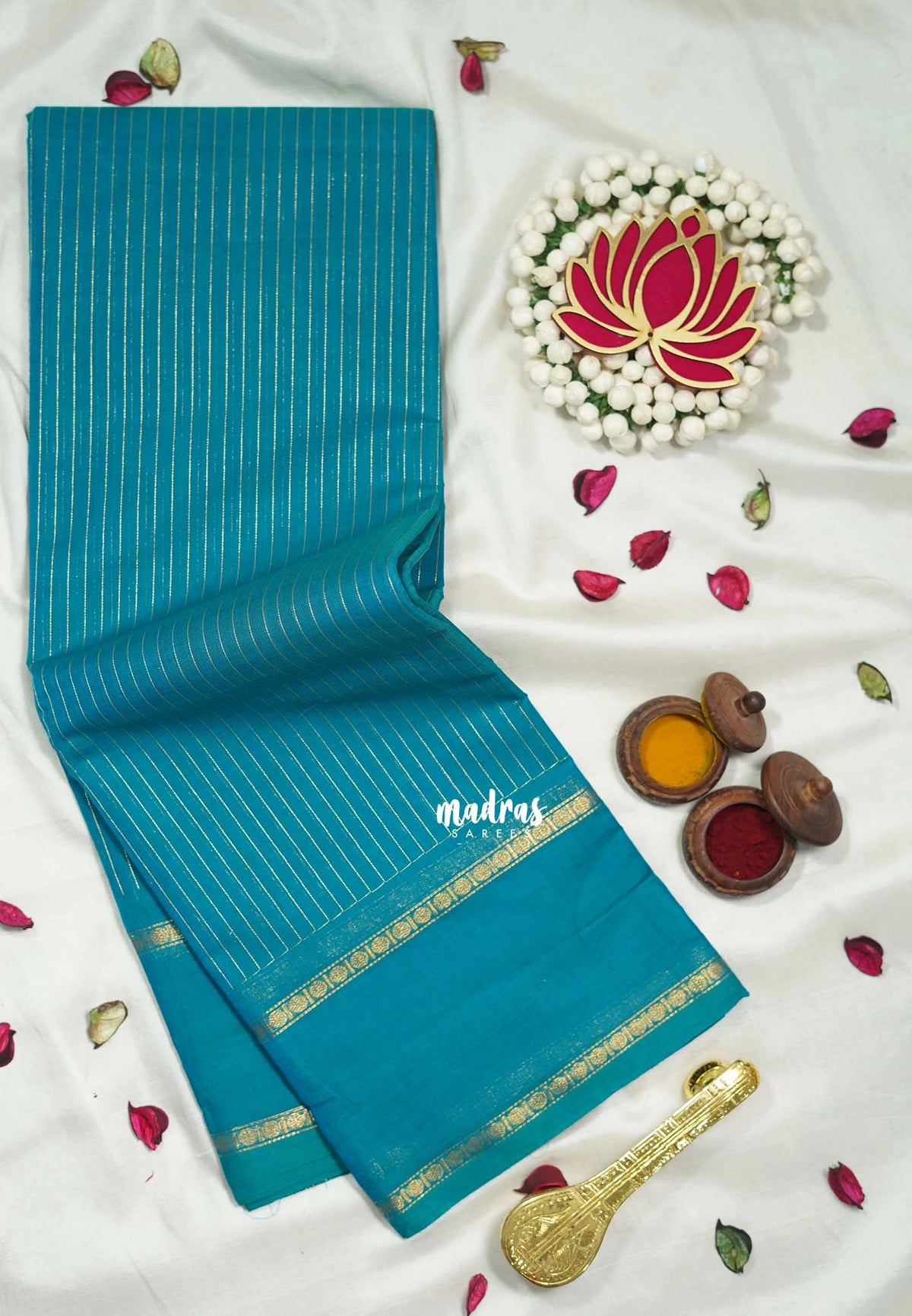 Teal Blue - Karthigai Silk Cotton saree with Stripes Weaving with Rettapet Border - Best for Festive Wear