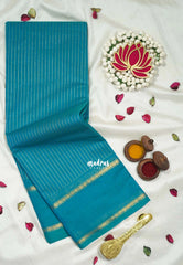 Teal Blue - Karthigai Silk Cotton saree with Stripes Weaving with Rettapet Border - Best for Festive Wear