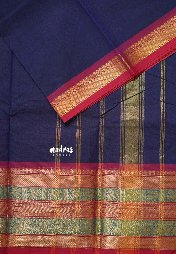 Navy Blue - Karthigai silk cotton plain body traditional big border