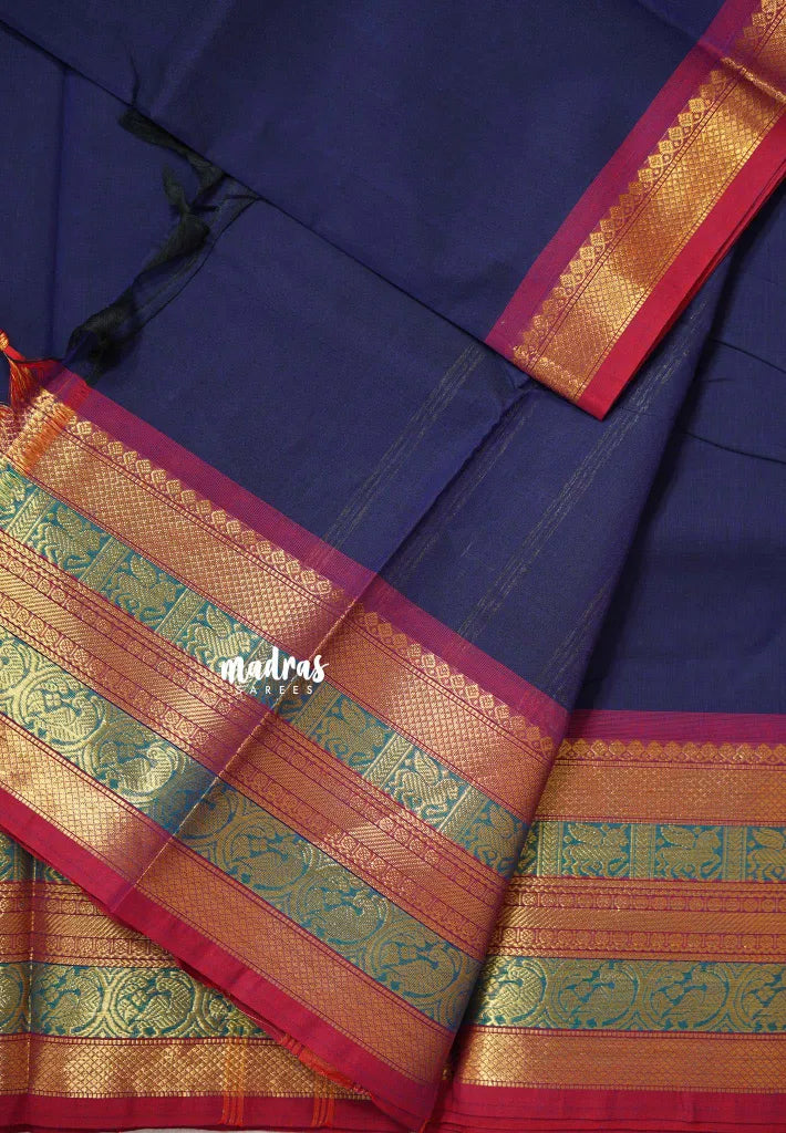 Navy Blue - Karthigai silk cotton plain body traditional big border