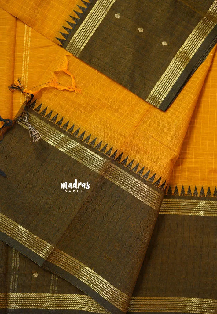 Mango Yellow -  Karthigai silk cotton rettapeta big border with muthu kattam