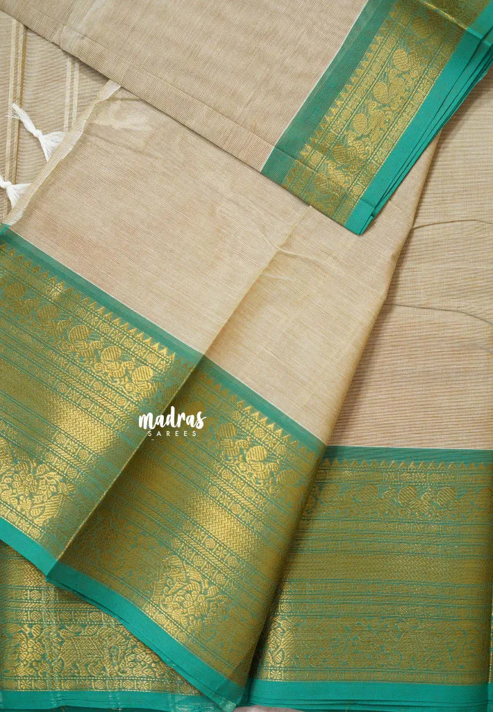 Beige - Karthigai silk cotton plain body traditional big border
