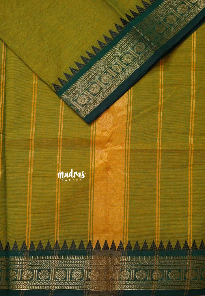Dual Shade Green - Karthigai silk cotton rudraksha with temple weaving border