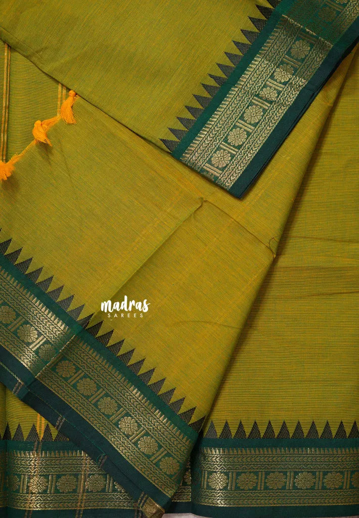 Dual Shade Green - Karthigai silk cotton rudraksha with temple weaving border