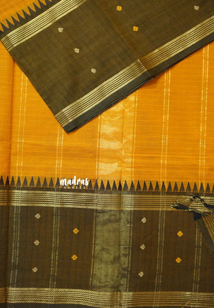Mango Yellow -  Karthigai silk cotton rettapeta big border with muthu kattam