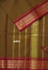 Greensih Brown - Karthigai silk cotton rudraksha with temple weaving border