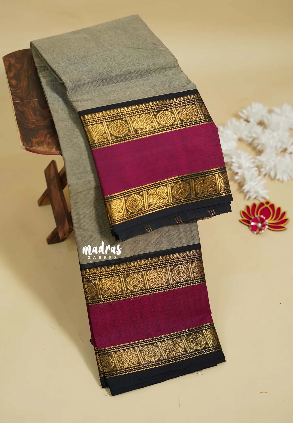 Pastel Grey - Karthigai silk cotton Rettapet rudraksham and peacock border
