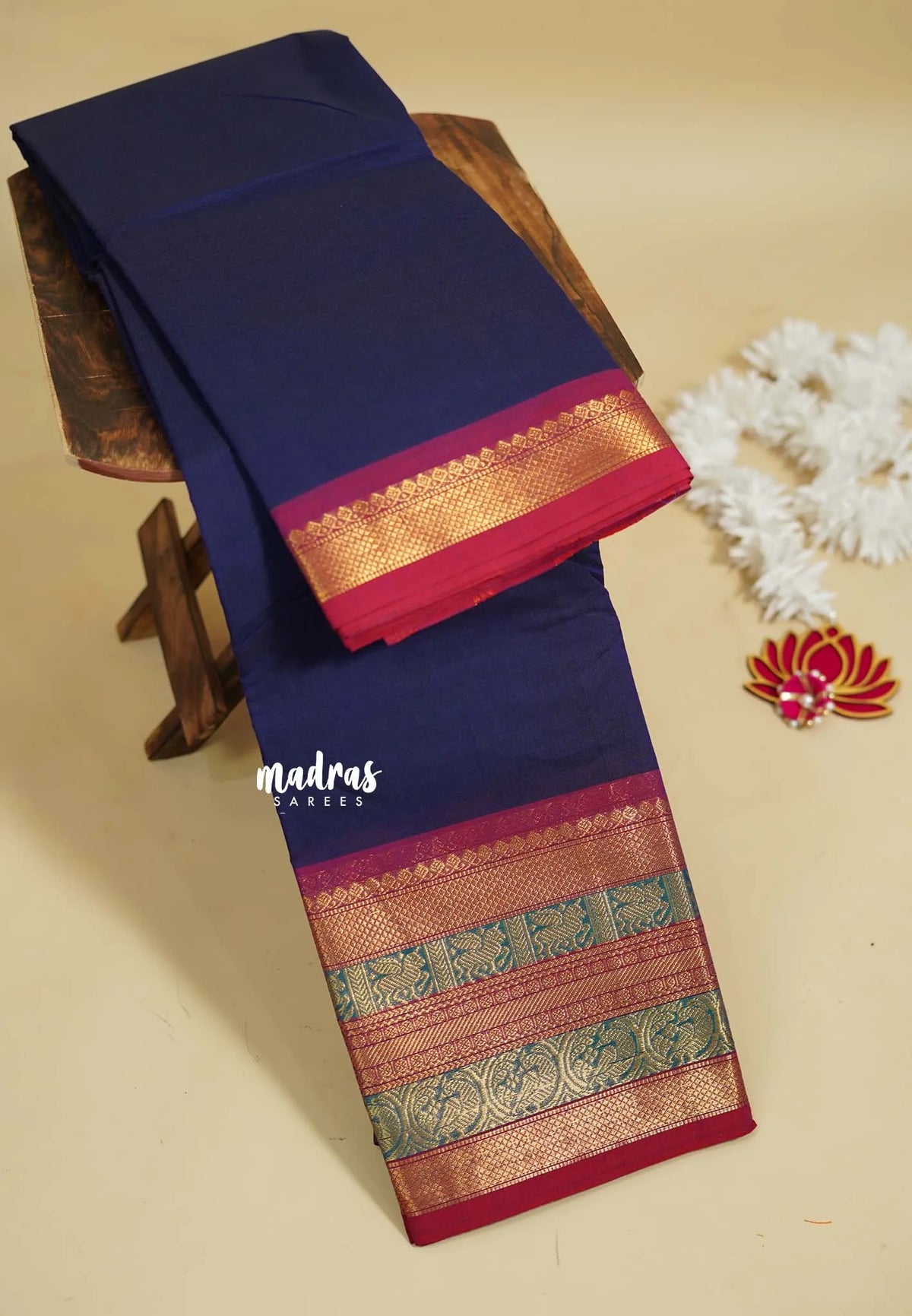 Navy Blue - Karthigai silk cotton plain body traditional big border