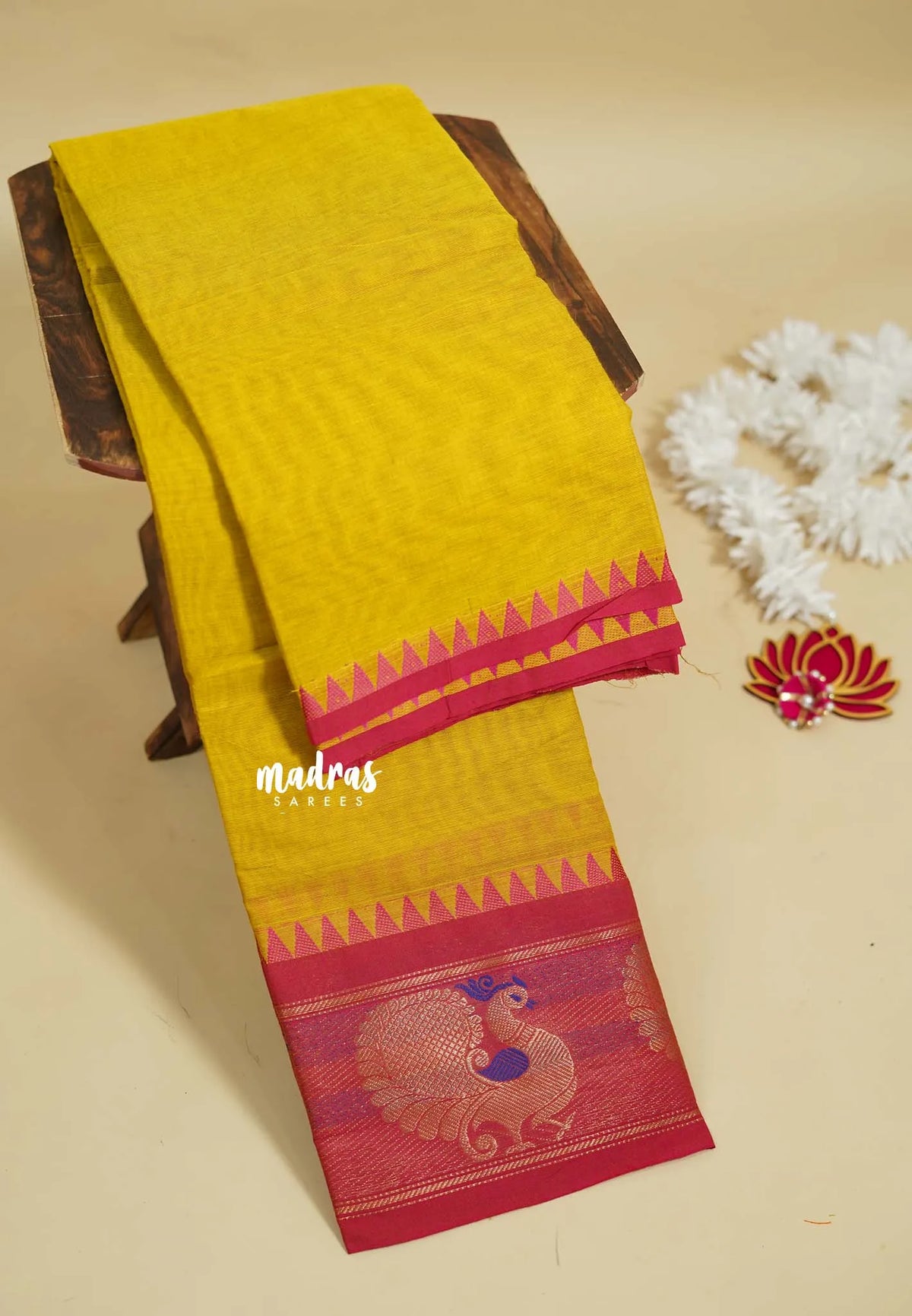 Turmeric Yellow - Karthigai silk cotton plain body with peacock border