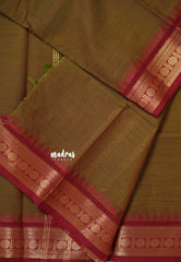 Greensih Brown - Karthigai silk cotton rudraksha with temple weaving border