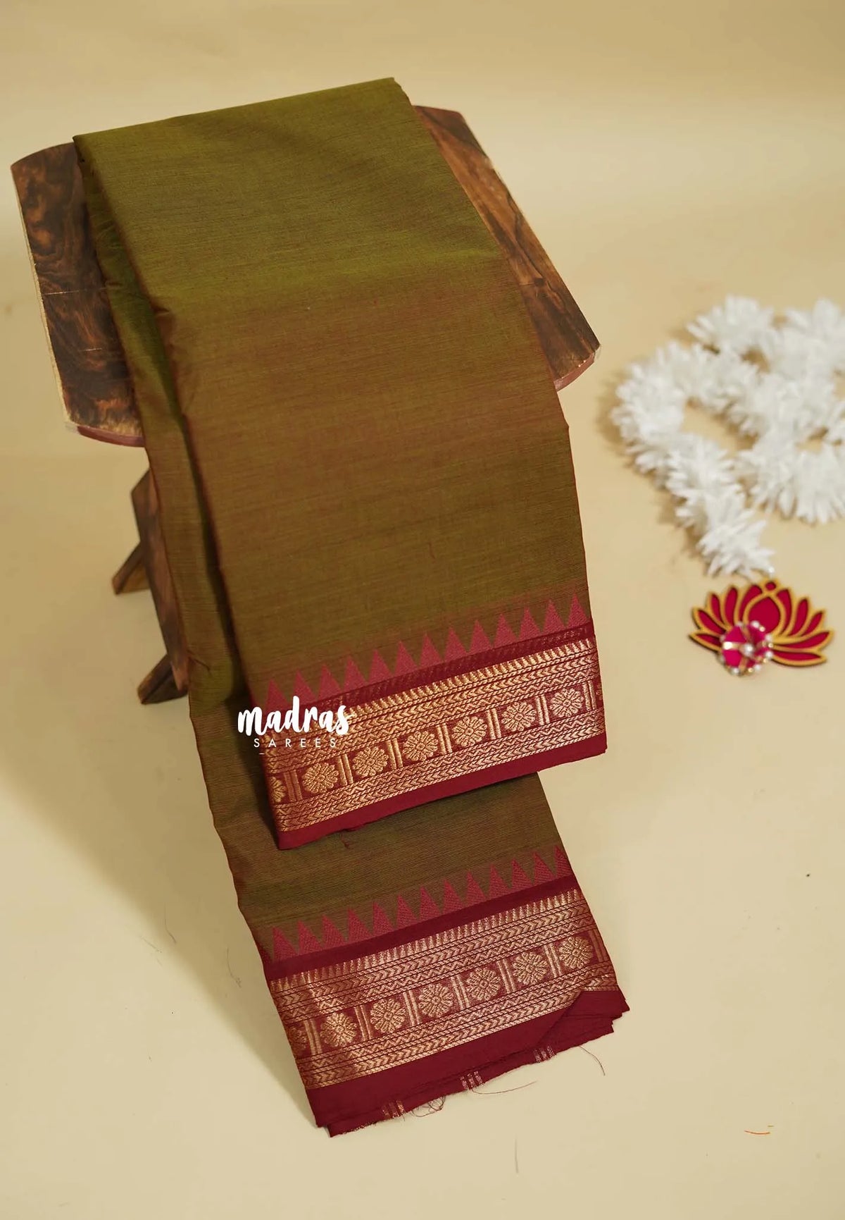 Greensih Brown - Karthigai silk cotton rudraksha with temple weaving border