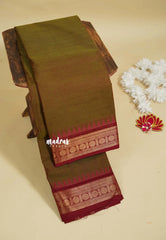 Greensih Brown - Karthigai silk cotton rudraksha with temple weaving border
