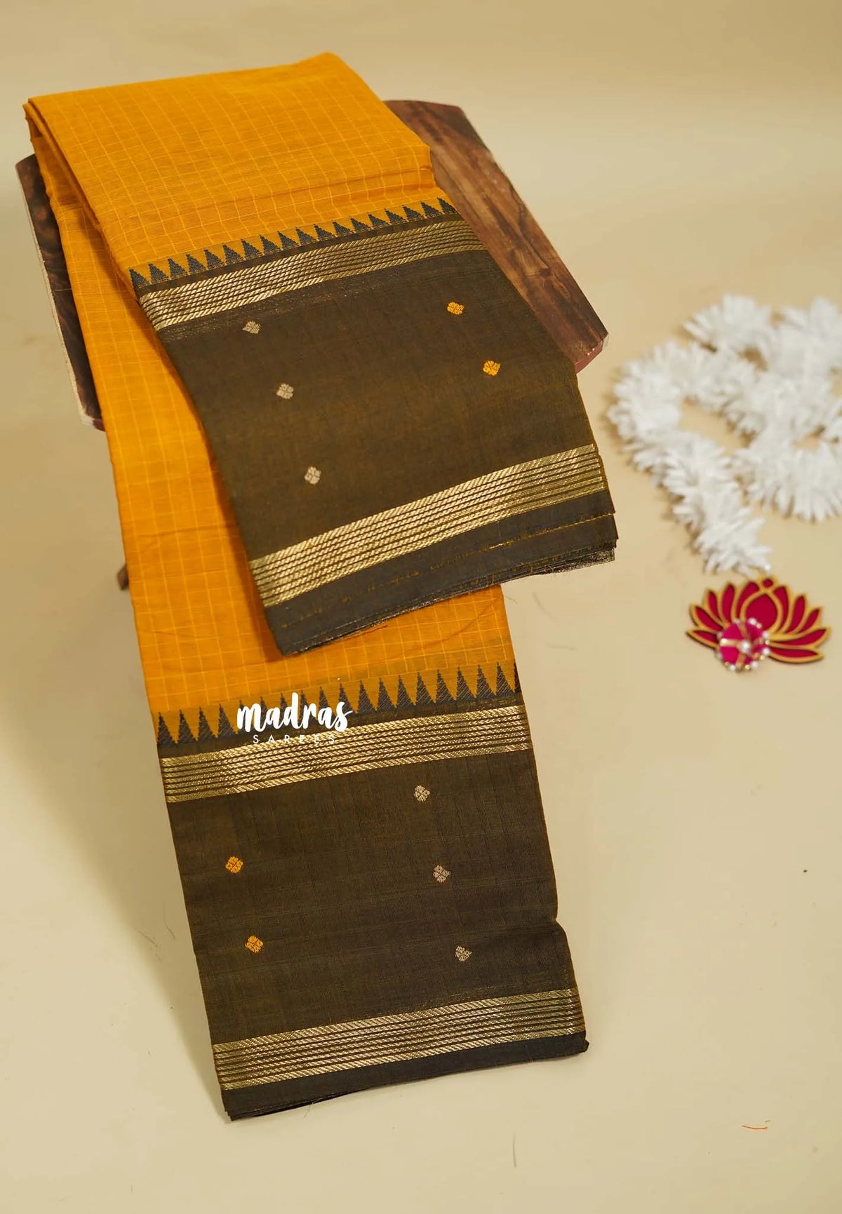 Mango Yellow -  Karthigai silk cotton rettapeta big border with muthu kattam