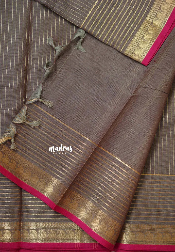Graphite Grey - Karthigai silk cotton with golden stripes weaving