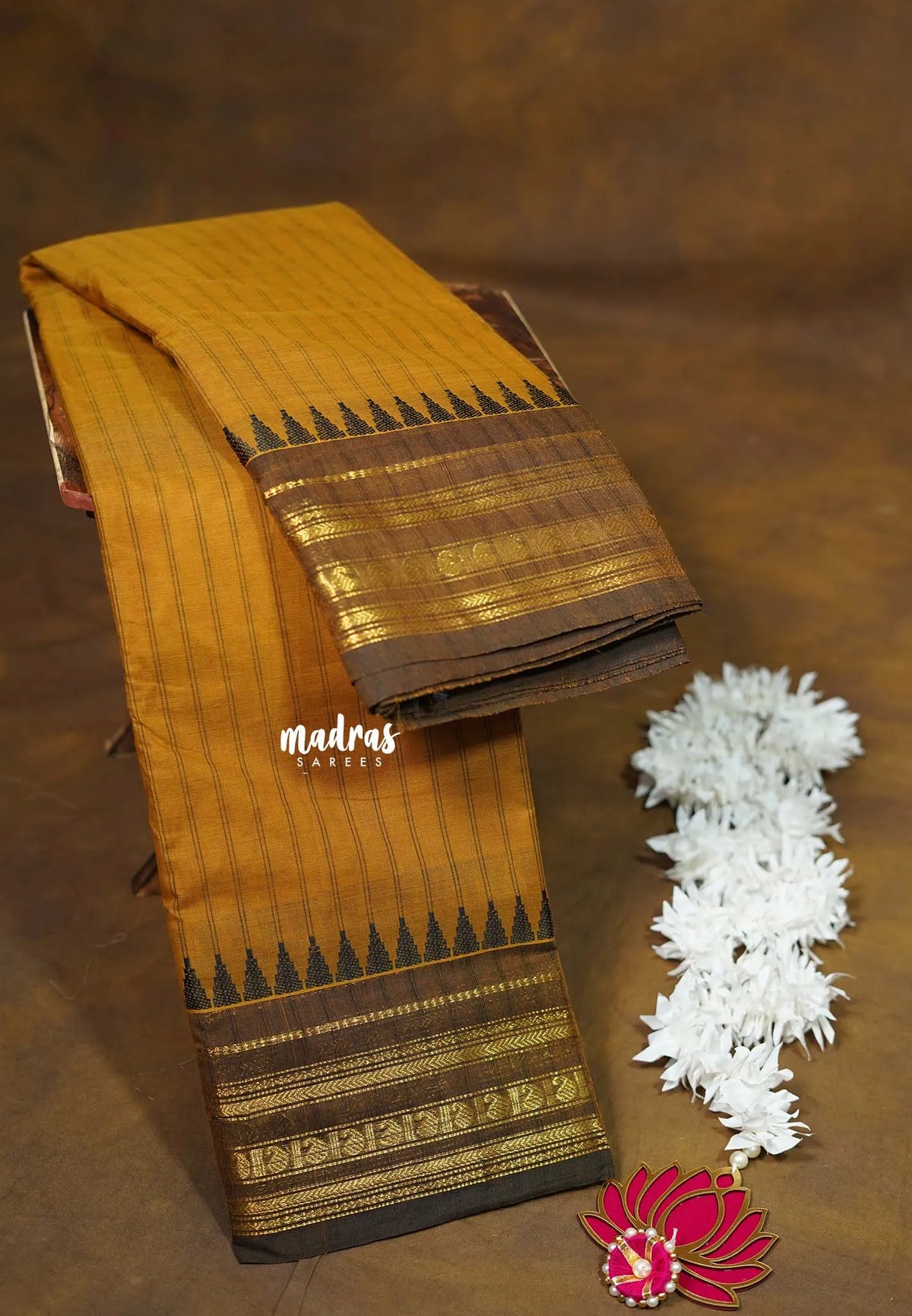 Mustard Glow - Karthigai silk cotton multi border with stripes body - Best for Temple Vist