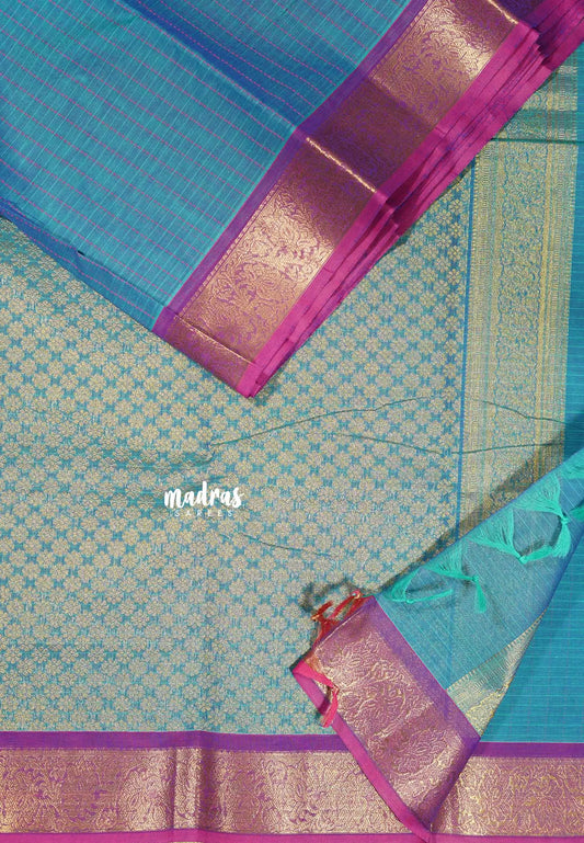 Dual shade Blue - Premium Karthigai silk cotton dotted stripes body with rich pallu