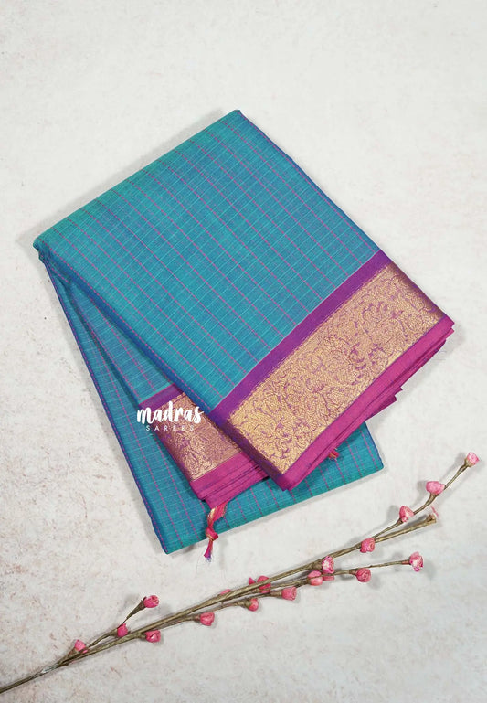 Dual shade Blue - Premium Karthigai silk cotton dotted stripes body with rich pallu