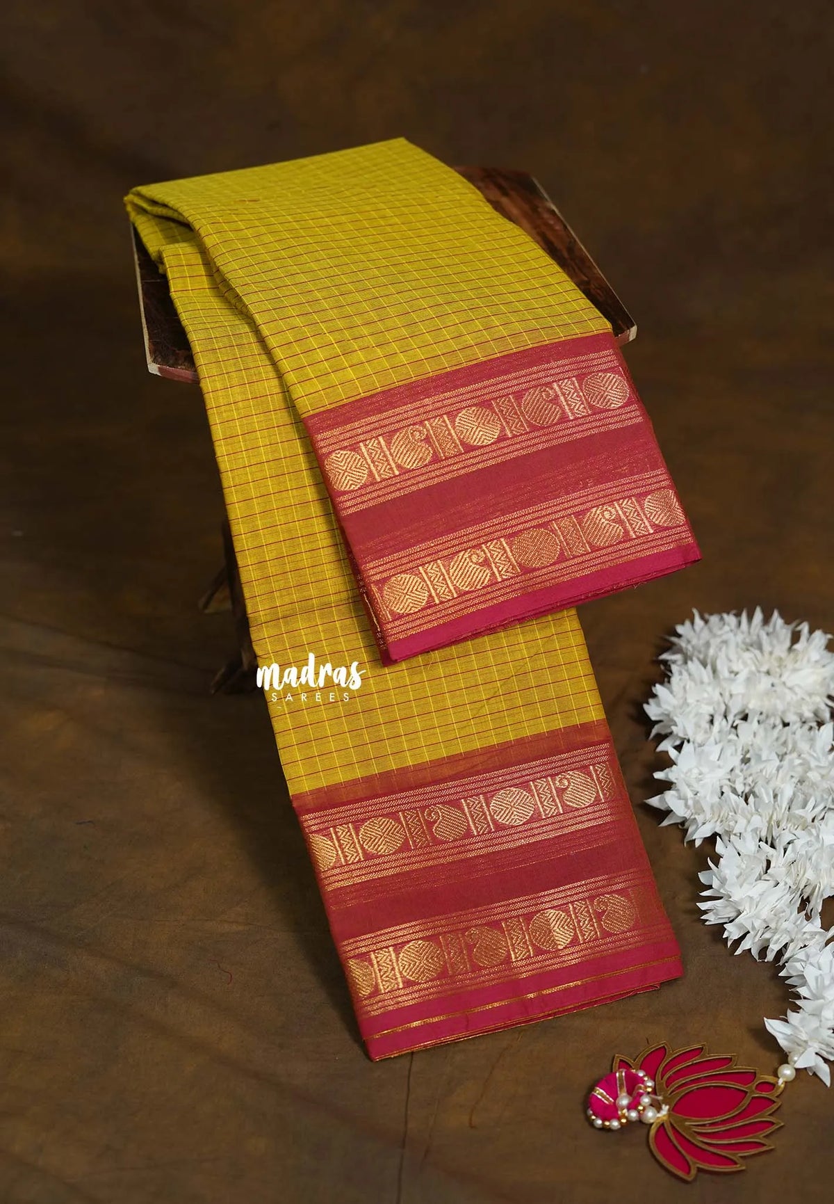 Yellow -  Karthigai silk cotton rettapeta rudraksham border with muthu kattam - Best for Wedding Functions