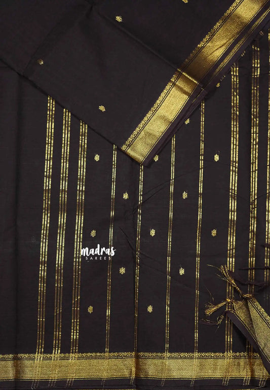 Dark chocolate - Karthigai silk cotton small Bavanji border with buttas