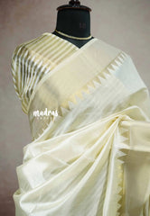 Classy Kashmiri silk with temple weaving border - Venpattu Ivory white