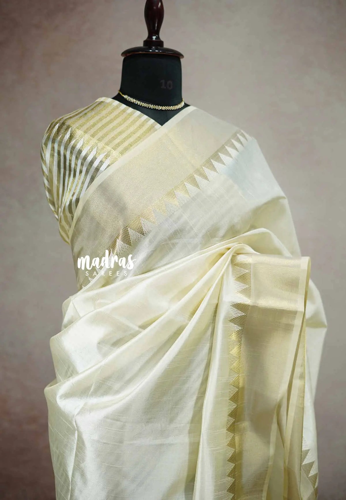 Classy Kashmiri silk with temple weaving border - Venpattu Ivory white