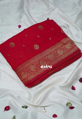 Reddish Pink - Durga - Traditional Banarasi Khadi Georgette Silk Saree Floral Border & Buttas with Rich Pallu - Perfect for Diwali Festive | Wedding Functions