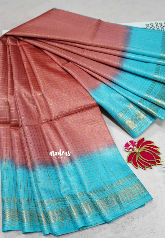 (PRE-BOOKING) Sithara - Semi Tussar saree Blue with peach gradient pattern with checks body